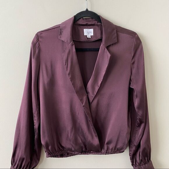 Cami NYC-Burgundy Silk Long Sleeve Wrap Front Blouse (XS) - Picture 3 of 9